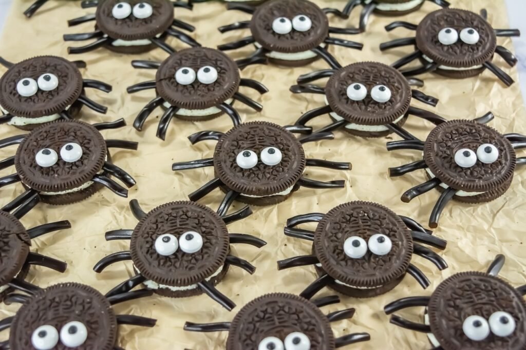 Close-up view of Oreo Spider Cookies with candy eyes and black licorice legs, arranged on parchment paper as a fun no-bake Halloween treat for parties and kids.