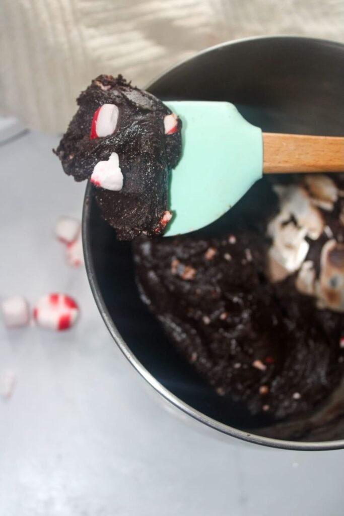 A close-up of chocolate peppermint cookie dough with crushed peppermint candies mixed in, shown on a spatula over a mixing bowl.