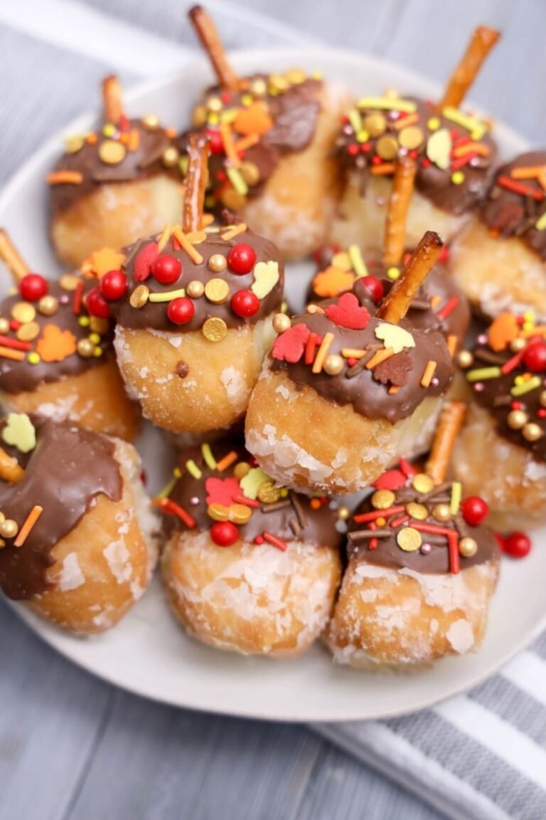 Glazed donut holes decorated like acorns with chocolate, pretzel stems, and colorful fall sprinkles on a white plate