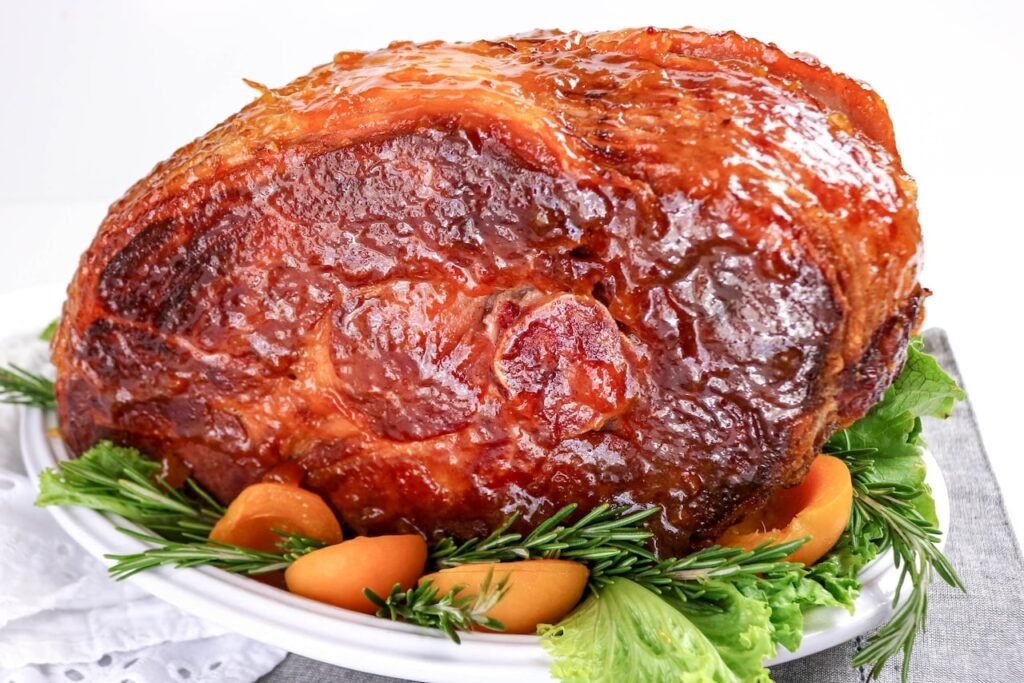 Juicy apricot glazed ham with golden caramelized crust on a white platter, garnished with fresh rosemary and apricot slices for a holiday dinner.