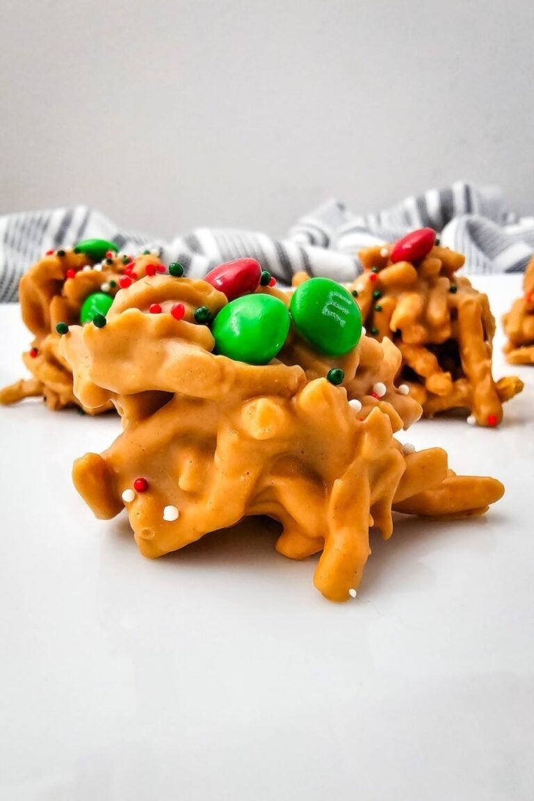 Christmas haystack cookies made with butterscotch, chow mein noodles, green and red M&Ms, and holiday sprinkles