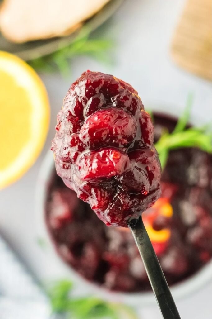 Close-up of homemade cranberry sauce on a spoon, showing its thick, glossy texture and whole cranberries.