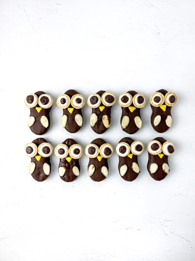 A batch of ten Nutter Butter owl cookies arranged neatly on a white background, each coated in melted chocolate and decorated with cookie eyes, yellow beaks, and almond slice wings.