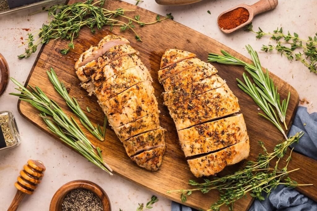 Two juicy herb roasted turkey tenderloins sliced on a wooden cutting board with rosemary, thyme, salt, and paprika — an easy turkey dinner recipe perfect for Thanksgiving or weeknights.