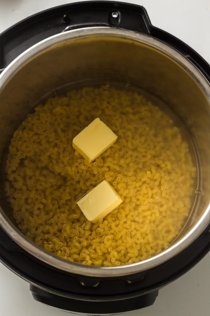 Elbow macaroni with water and butter inside an Instant Pot, ready to cook.