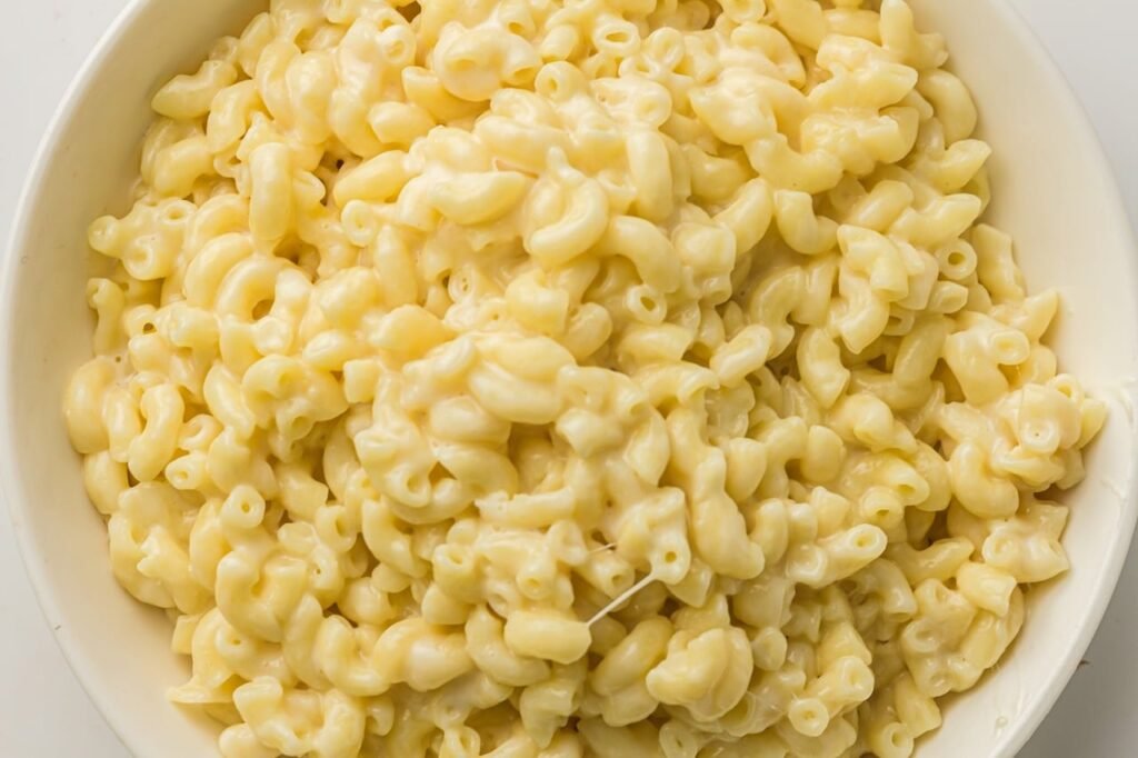 Overhead view of creamy Instant Pot mac and cheese in a white bowl, showing rich and smooth cheese sauce coating the pasta.