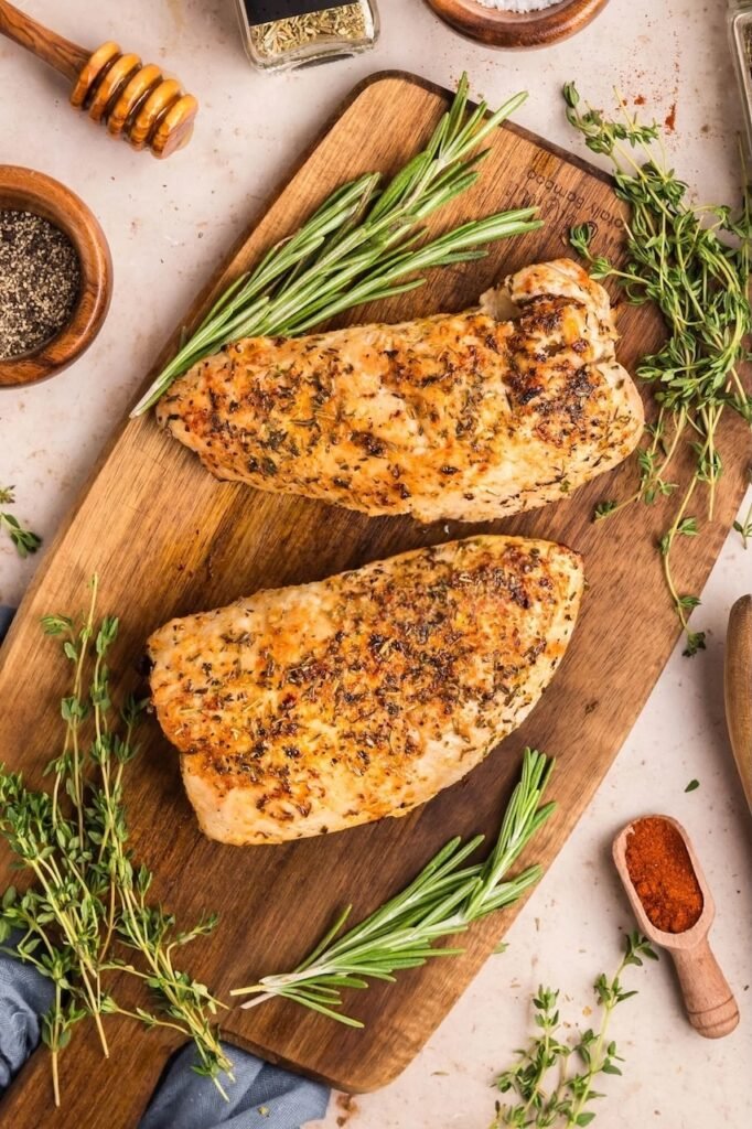 Golden brown oven roasted turkey tenderloins resting on a wooden cutting board with fresh rosemary and thyme sprigs.