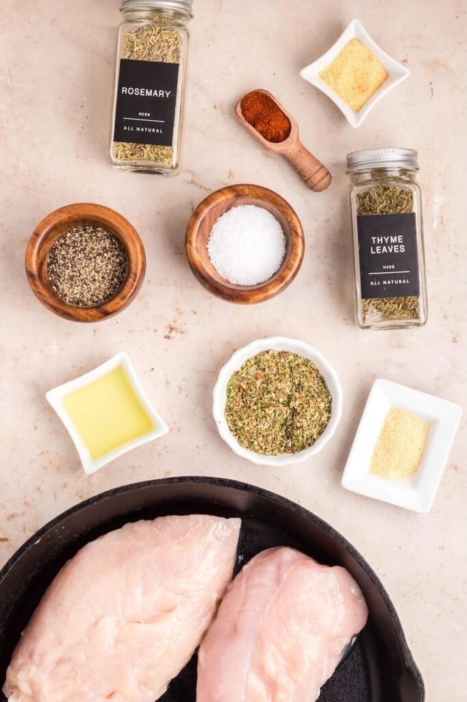 Overhead view of raw turkey tenderloins in a cast-iron pan surrounded by rosemary, thyme, salt, pepper, paprika, garlic powder, and olive oil for oven roasted turkey tenderloin.