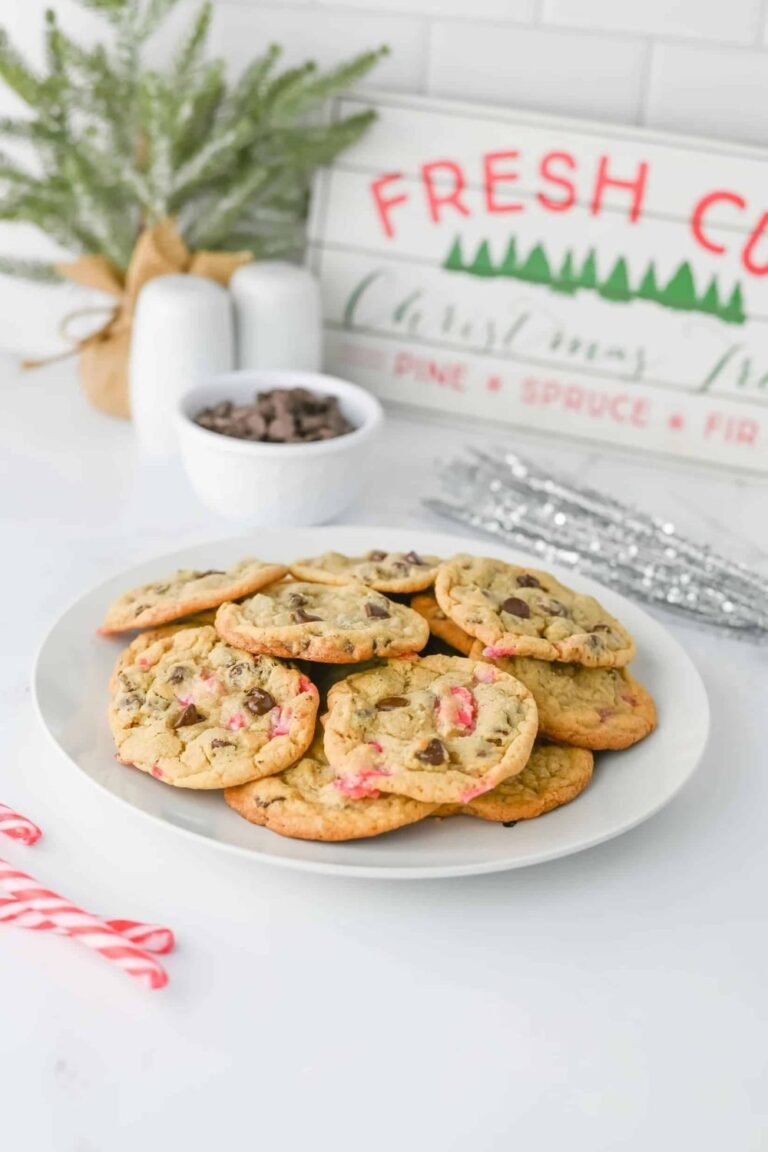 Plate of peppermint chocolate chip Christmas cookies with crushed candy canes, perfect for holiday baking.