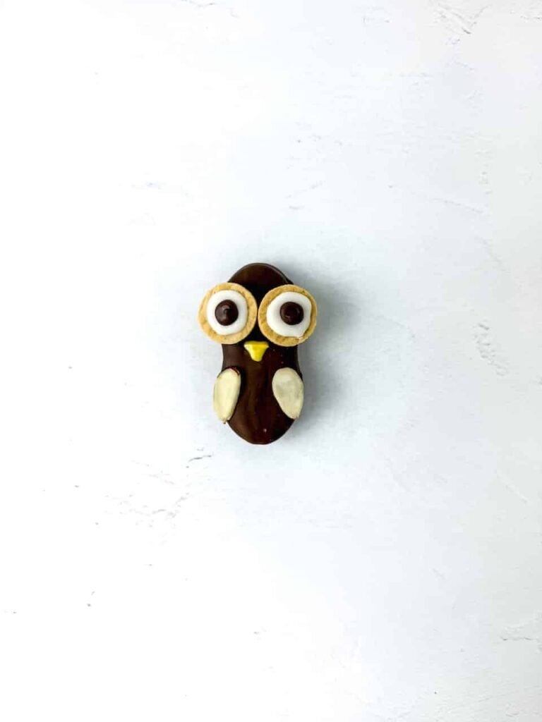 fully decorated Nutter Butter owl cookie coated in chocolate, with two round cookie eyes made from white and brown melted chocolate, a small yellow chocolate beak, and slivered almond wings, placed on a white background.