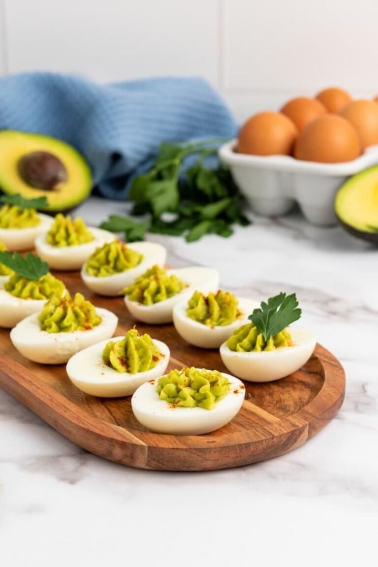 Avocado deviled eggs topped with paprika and parsley on a wooden platter, with fresh avocados, eggs, and herbs in the background.