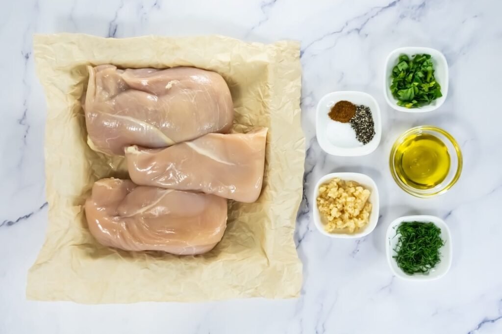 Overhead view of raw chicken breasts on parchment paper surrounded by small bowls of olive oil, minced garlic, herbs, and spices for broiled chicken.