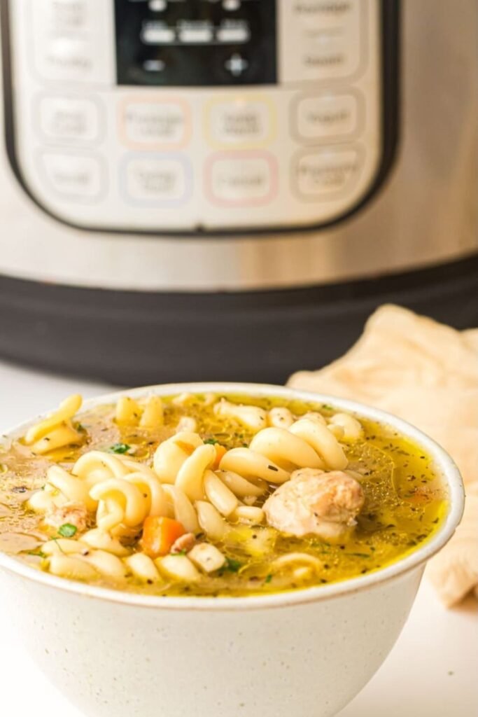 A close-up bowl of instant pot chicken noodle soup with curly noodles, tender chicken, and vegetables, with an Instant Pot in the background.