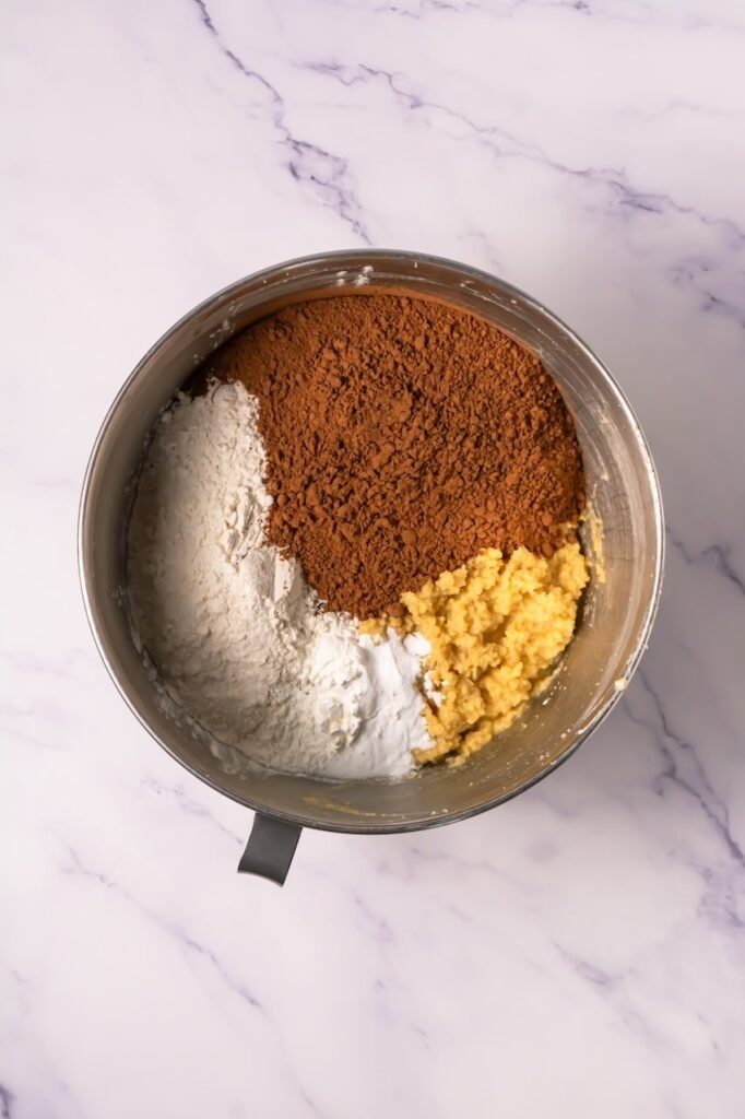 Overhead view of a stand mixer bowl with flour, cocoa powder, baking soda, cornstarch, and salt added on top of a creamed butter and sugar mixture, preparing chocolate cookie dough on a white marble countertop.
