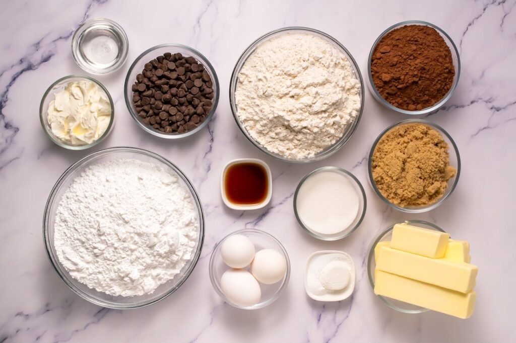 Overhead flat lay of ingredients for Crumbl Chocolate Cake Cookies, including butter, brown sugar, granulated sugar, eggs, flour, cocoa powder, chocolate chips, corn syrup, cream cheese, powdered sugar, baking soda, salt, cornstarch, and vanilla arranged in glass bowls on a white marble surface.