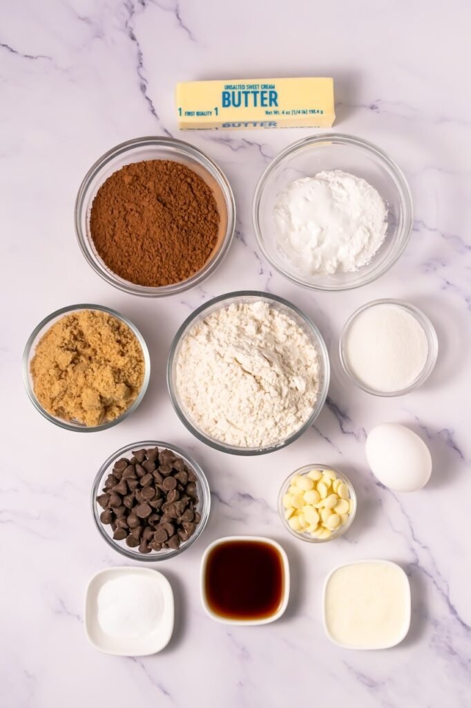 Overhead view of ingredients for Crumbl chocolate mallow cupcake cookies arranged in glass bowls, including cocoa powder, flour, brown sugar, chocolate chips, white chocolate chips, egg, butter, vanilla, heavy cream, and marshmallow fluff on a white marble surface.