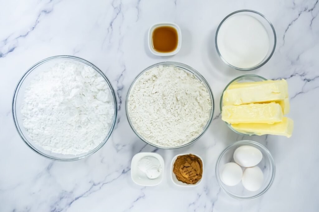 Overhead flat lay of ingredients for Crumbl churro cookies on a white marble surface, including softened butter, granulated sugar, eggs, flour, powdered sugar, cinnamon, baking powder, and vanilla arranged in glass bowls before mixing.