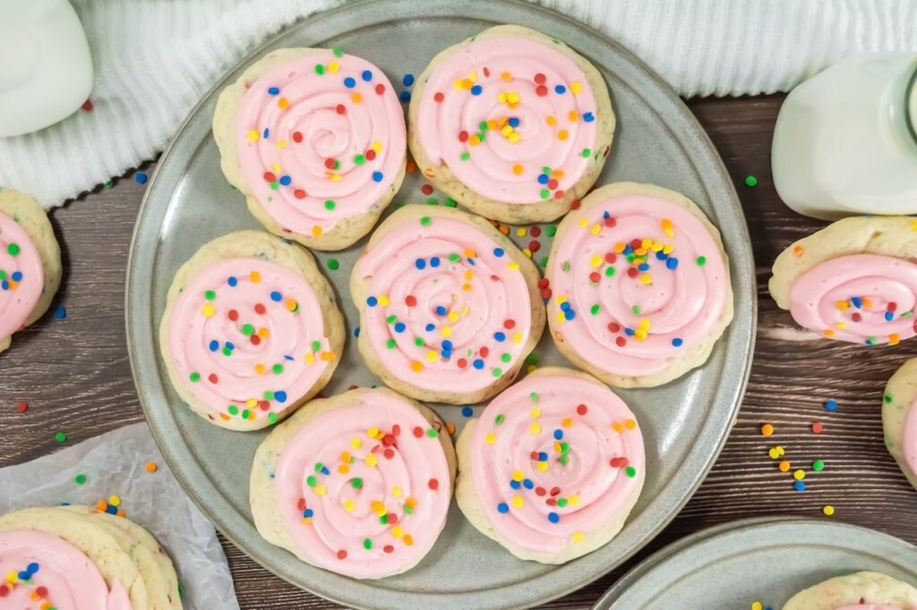 Overhead view of a large ceramic platter filled with confetti cake cookies, each topped with a smooth spiral of pink cream cheese frosting and colorful round sprinkles. The cookies are thick, pale in color, and evenly spaced on the plate, with extra sprinkles scattered on the wooden table around them. Glass bottles of milk and folded kitchen linens are visible in the background, creating a bakery-style serving scene with finished cookies ready to share.