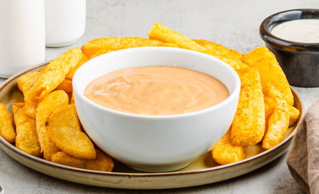 A white bowl filled with creamy campfire sauce sitting on a plate surrounded by seasoned fries, showing an easy Red Robin–style copycat dipping sauce ready to serve.