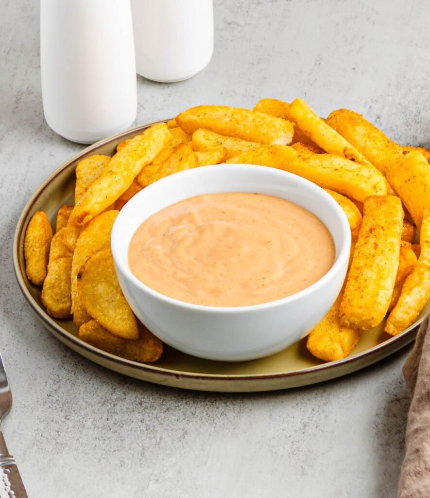 A white bowl filled with creamy campfire sauce centered on a plate of seasoned fries, showing a simple Red Robin–style copycat dipping sauce ready to serve.