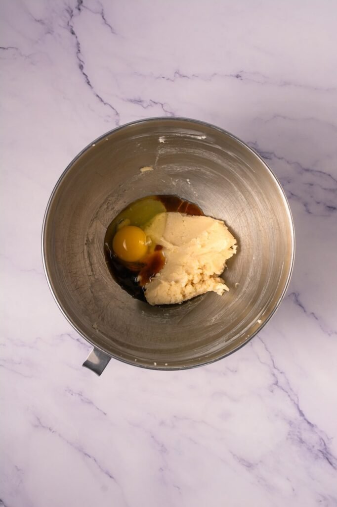 Overhead view of a metal stand mixer bowl on a light marble countertop containing creamed butter and sugar with a raw egg and vanilla extract added before mixing to make the dough.