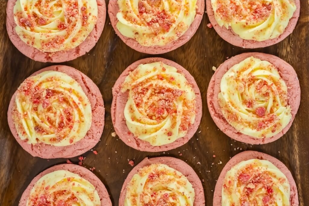 Overhead view of strawberry shortcake cookies arranged on a wooden board, topped with piped frosting and strawberry crumble for a bakery-style finish.Overhead view of strawberry shortcake cookies arranged on a wooden board, topped with piped frosting and strawberry crumble for a bakery-style finish.