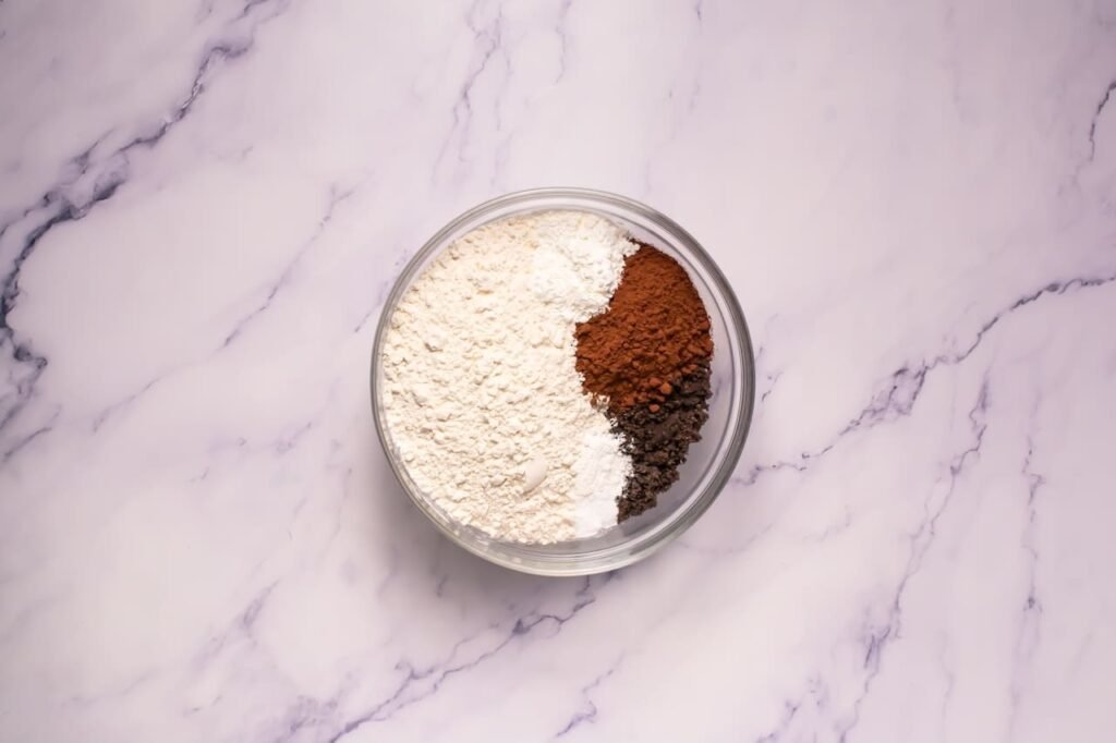 Overhead view of a glass bowl with flour, cocoa powder, and crushed Oreo crumbs for crumbl chocolate Oreo cookies, arranged before mixing on a marble surface.