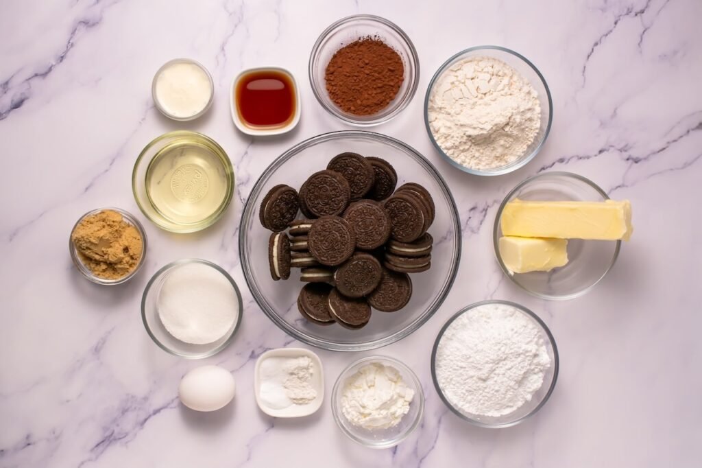 Overhead view of ingredients for crumbl chocolate Oreo cookies, including butter, sugar, flour, cocoa powder, crushed Oreos, oil, egg, and baking ingredients arranged in small bowls on a marble surface.