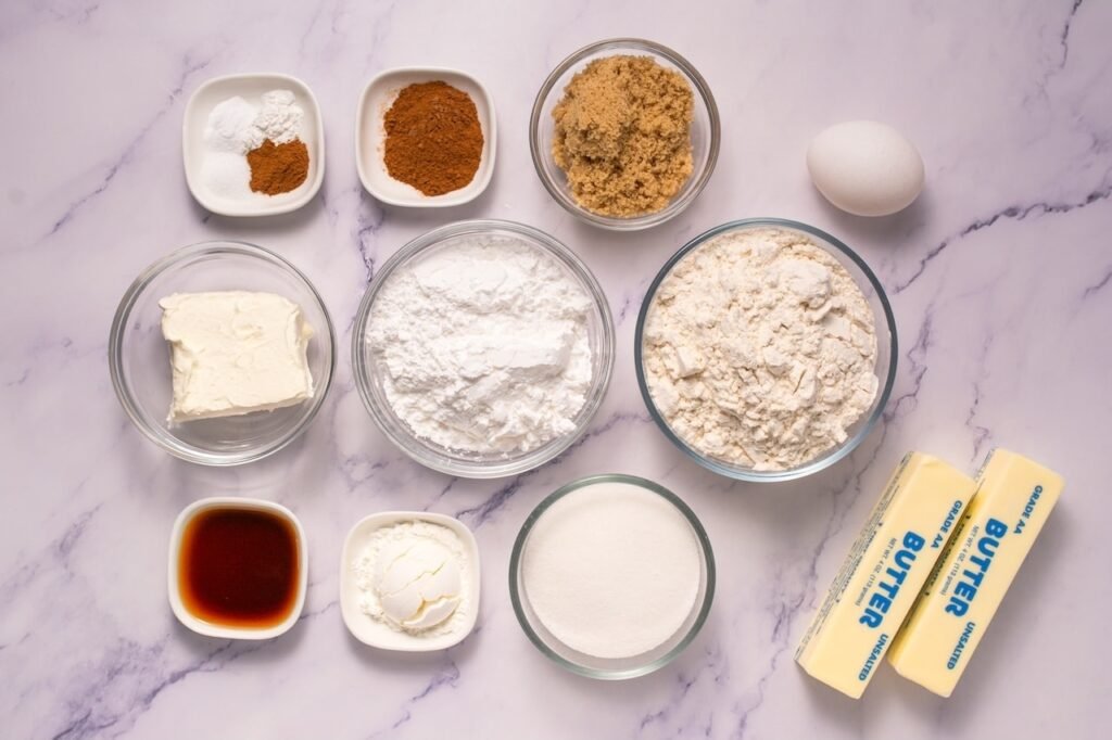 ### Updated ADA-Friendly Alt Text (More Detailed)Ingredients for Crumbl cinnamon swirl cookies arranged in small bowls on a light marble surface, including flour, white sugar, brown sugar, unsalted butter, egg, cream cheese, cinnamon, vanilla extract, baking powder, baking soda, salt, and cornstarch.