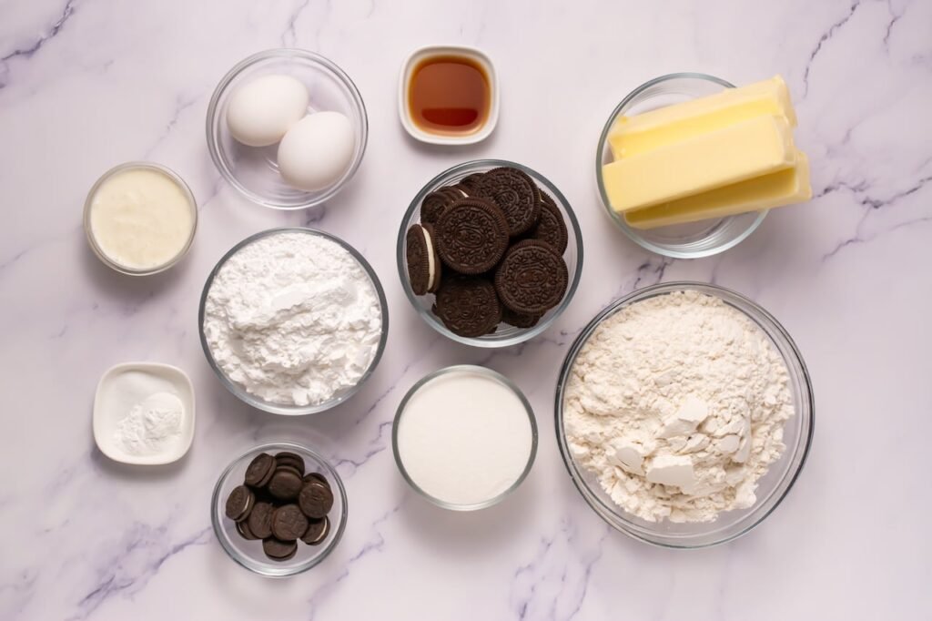 Overhead view of ingredients for Crumbl cookies and cream milkshake cookies including butter, flour, eggs, vanilla, Oreos, powdered sugar, and milk arranged in glass bowls on a marble surface.
