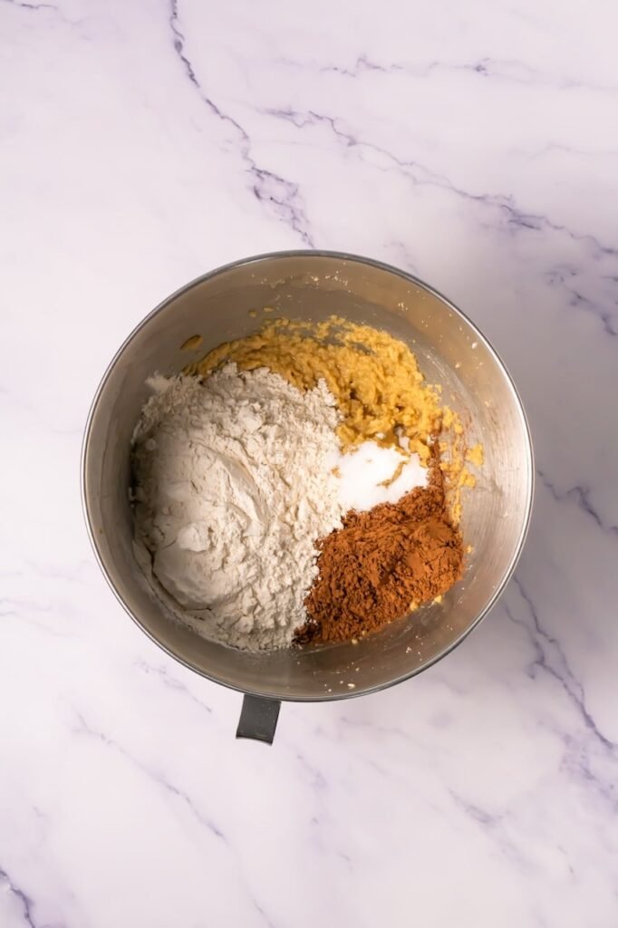 Stand mixer bowl containing creamed cookie dough with flour, cocoa powder, and baking soda added before mixing chocolate cookie dough.