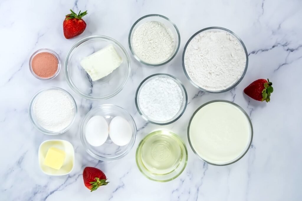 Overhead view of ingredients for strawberry shortcake cookies, including flour, cake mix, eggs, oil, cream, butter, and strawberries arranged in small bowls on a marble surface.
