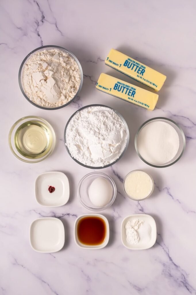 Overhead view of ingredients arranged on a marble surface, including flour, butter, sugar, oil, egg, vanilla, almond extract, and baking ingredients in small bowls.