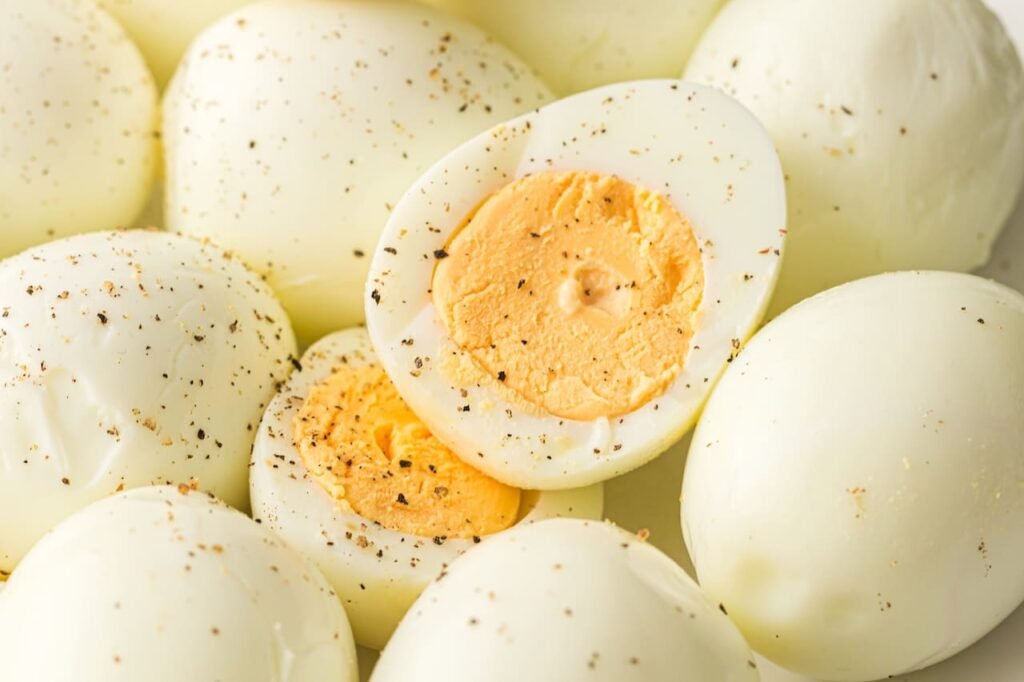 Close-up of hard-boiled eggs sliced and whole, seasoned with black pepper, showing firm whites and fully cooked yolks.