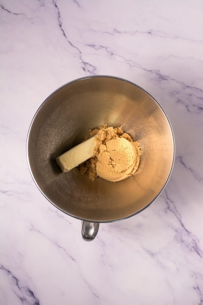 Butter and brown sugar in a stand mixer bowl preparing edible cookie dough topping for Crumbl cookie dough cookies.
