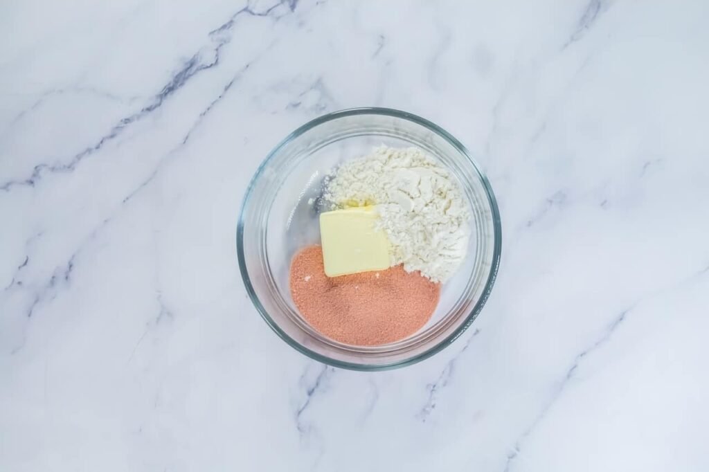 Glass bowl with butter, flour, and strawberry mix ingredients for making a crumbly streusel topping .