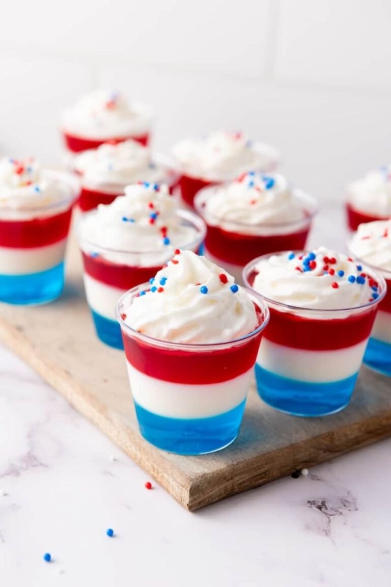 Close-up of layered 4th of July jello shots with blue, white, and red layers topped with whipped cream and sprinkles on a wooden board.