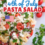 cold pasta salad for 4th of july made with farfalle pasta and fresh vegetables, easy summer side dish served chilled for bbq or picnic with patriotic american flag decorations, text overlay says how to make 4th of july pasta salad