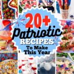 Collage of patriotic 4th of july recipes with overlay text “20+ Patriotic Recipes To Make This Year” and “Find the full recipes at This Nana Can Cook.” Includes red, white, and blue desserts, watermelon salad with blueberries, chocolate bark, dipped pretzels, hot dogs, snack mix, layered dessert cups, cocktails, and coleslaw for a festive summer cookout.