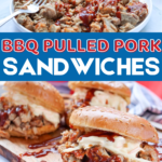 Collage image showing bbq pulled pork in two stages: at the top, shredded pork on a plate being pulled apart with a fork and drizzled with barbecue sauce; at the bottom, finished pulled pork sandwiches on sesame buns topped with creamy coleslaw and extra sauce, served on a wooden board. Bold overlay text across the center reads “BBQ PULLED PORK SANDWICHES,” with branding text “This Nana Can Cook” at the bottom.