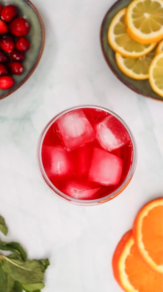 Top view of ice in a glass, surrounded by citrus slices and cranberries, showing a step in making a drink.