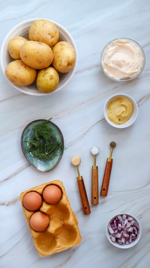 Flat lay of ingredients for potato salad including whole potatoes, mayonnaise, Dijon mustard, chopped red onion, eggs, fresh herbs, and seasonings arranged on a light surface.