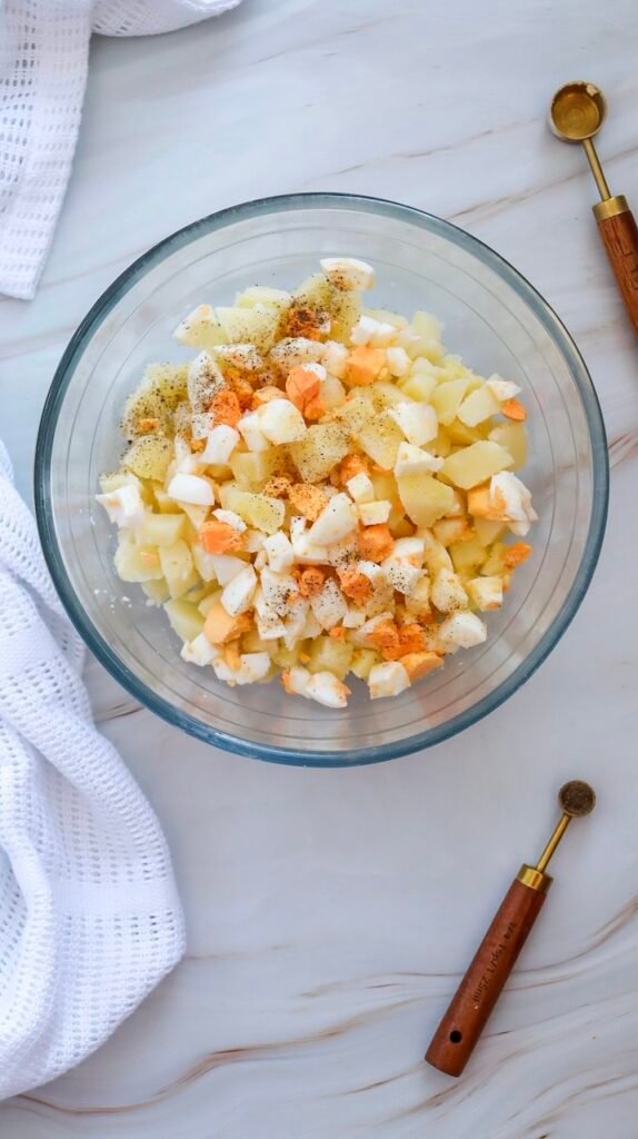 Chopped potatoes and hard-boiled eggs in a glass bowl being seasoned with salt and pepper before mixing into patriotic side dish.