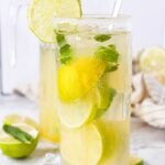 Tall glass of virgin mojito mocktail with lime slices, mint leaves, ice, and bubbles, garnished with a lime wheel on the rim.