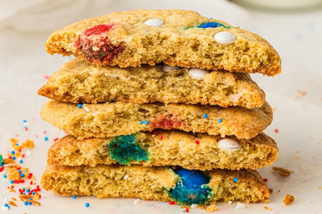 Stack of halved 4th of July cookies showing soft chewy centers filled with red, white, and blue M&Ms and patriotic sprinkles. The homemade patriotic cookies have golden brown edges, tender bakery-style texture, and colorful candy pieces baked throughout the soft cookie layers.