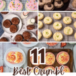 Collage-style Pinterest pin featuring multiple Crumbl cookie copycat recipes including sugar cookies, Oreo cookies, chocolate cookies, coconut lime cookies, and strawberry cookies with text overlay reading “11 Best Crumbl Copycat Recipes That You’ll Love!”