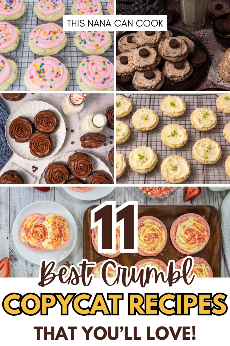 Collage-style Pinterest pin featuring multiple Crumbl cookie copycat recipes including sugar cookies, Oreo cookies, chocolate cookies, coconut lime cookies, and strawberry cookies with text overlay reading “11 Best Crumbl Copycat Recipes That You’ll Love!”