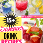 Collage of four colorful summer drinks including blue blueberry mocktails, a frozen pink drink with rainbow sprinkles, a citrus lemonade, and a raspberry iced drink garnished with mint and lemon slices. Bright yellow and pink Pinterest-style design features bold overlay text reading “15+ Summer Drink Recipes Everyone Will Love!” Smaller text says “all time favorite!!” and “Grab all recipes at This Nana Can Cook.” Refreshing beverages are shown over ice with fresh fruit, citrus, and herbs.