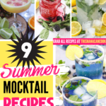 Pinterest collage featuring colorful summer mocktail recipes in bright glasses filled with ice, citrus slices, mint, berries, and tropical fruit. The pin includes pineapple, blackberry, lemon, and blue-colored mocktails styled for summer entertaining. Large text overlay reads “9 Summer Mocktail Recipes Everyone Will Love!” with smaller overlay text saying “Grab All Recipes at This Nana Can Cook” and “all time favorite!!” The drinks are arranged in a vertical roundup-style layout perfect for summer parties and BBQ inspiration.