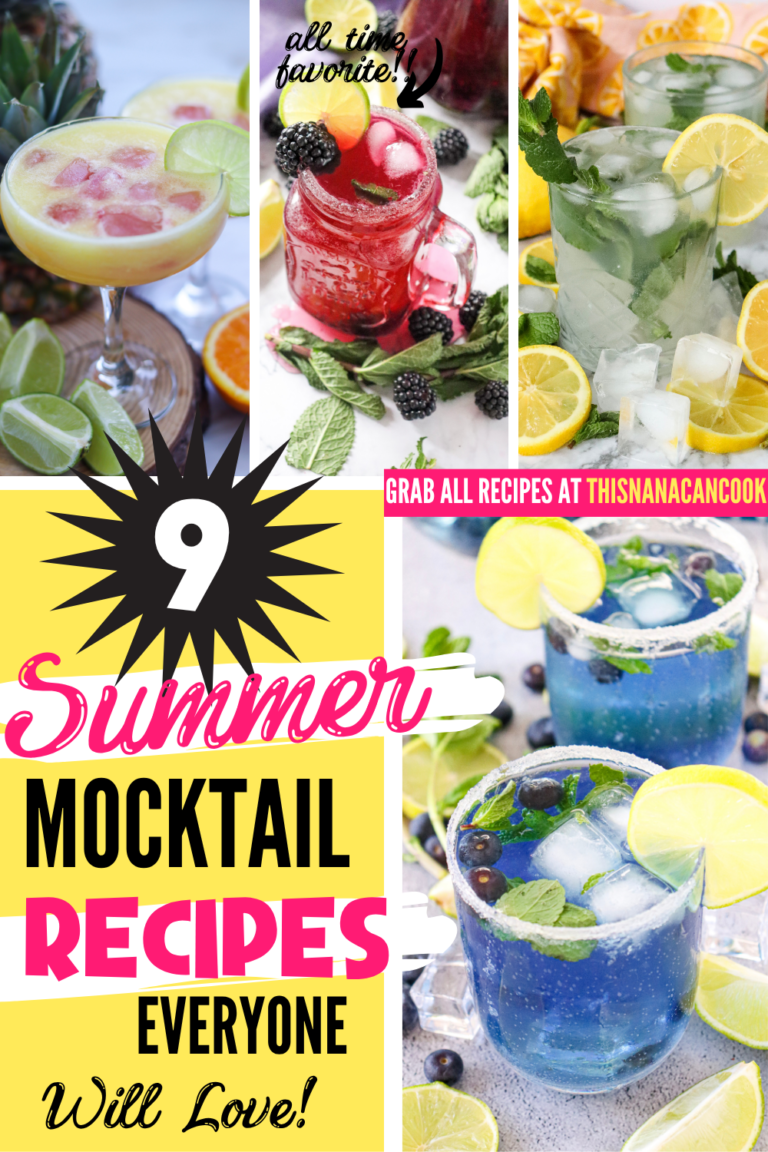 Pinterest collage featuring colorful summer mocktail recipes in bright glasses filled with ice, citrus slices, mint, berries, and tropical fruit. The pin includes pineapple, blackberry, lemon, and blue-colored mocktails styled for summer entertaining. Large text overlay reads “9 Summer Mocktail Recipes Everyone Will Love!” with smaller overlay text saying “Grab All Recipes at This Nana Can Cook” and “all time favorite!!” The drinks are arranged in a vertical roundup-style layout perfect for summer parties and BBQ inspiration.